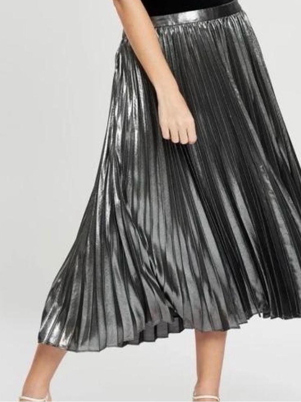 Banana Republic Metallic Silver Pleated Midi Skirt